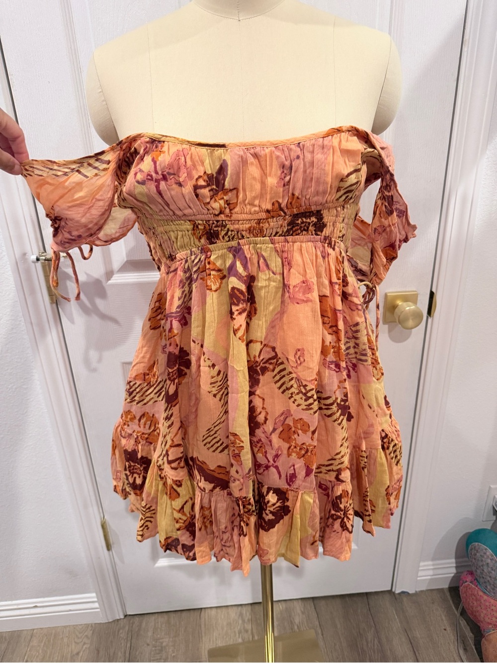 BNWOT Free People Floral Print Smocked Bodice Mini Dress in Orange - L - Picture 9 of 16